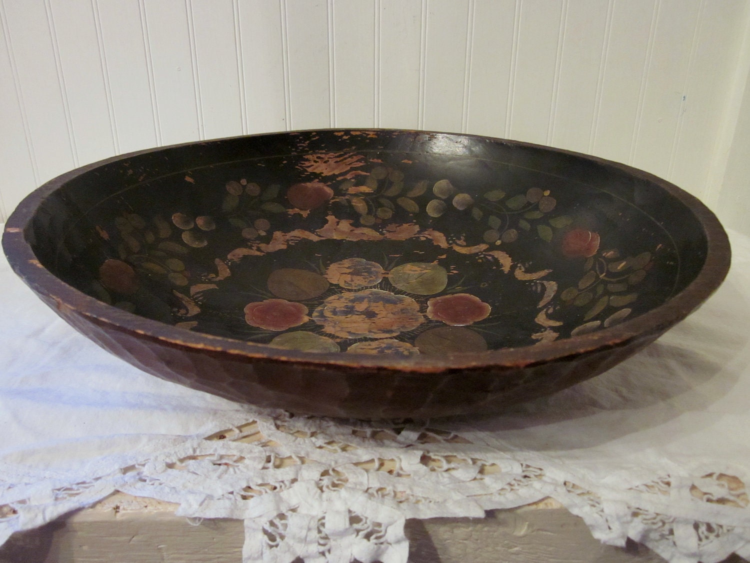 vintage bowl, carved wood, large, hand painted, extremely distressed, rustic, chippy, eclectic objet d'art