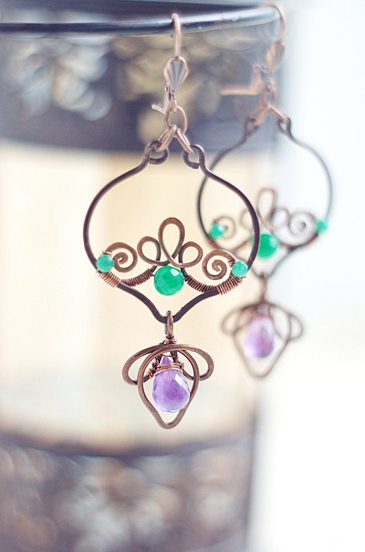 Wire wrapped copper earrings -dangle oxidized antiqued gypsy boho - emerald green amethist purple - lotus arabesque