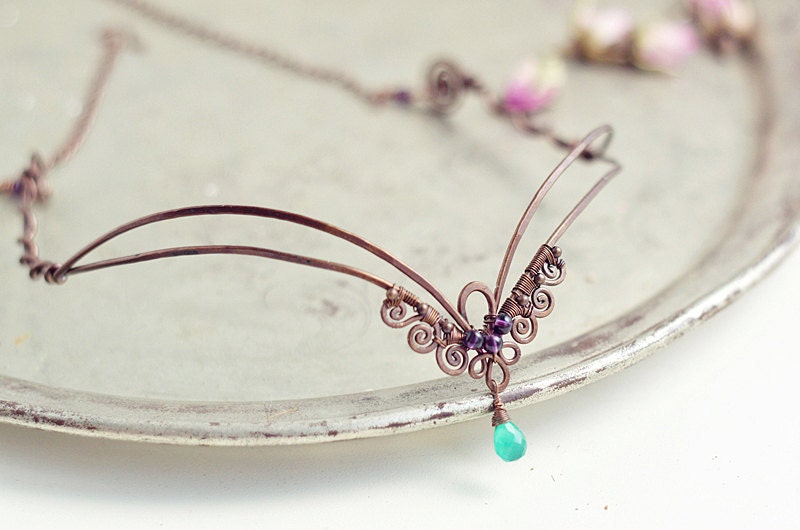 Fairy woodland circlet tiara - oxidized antiqued hammered copper chrysoprase brazilian agate circlet tiara - FREE SHIPPING
