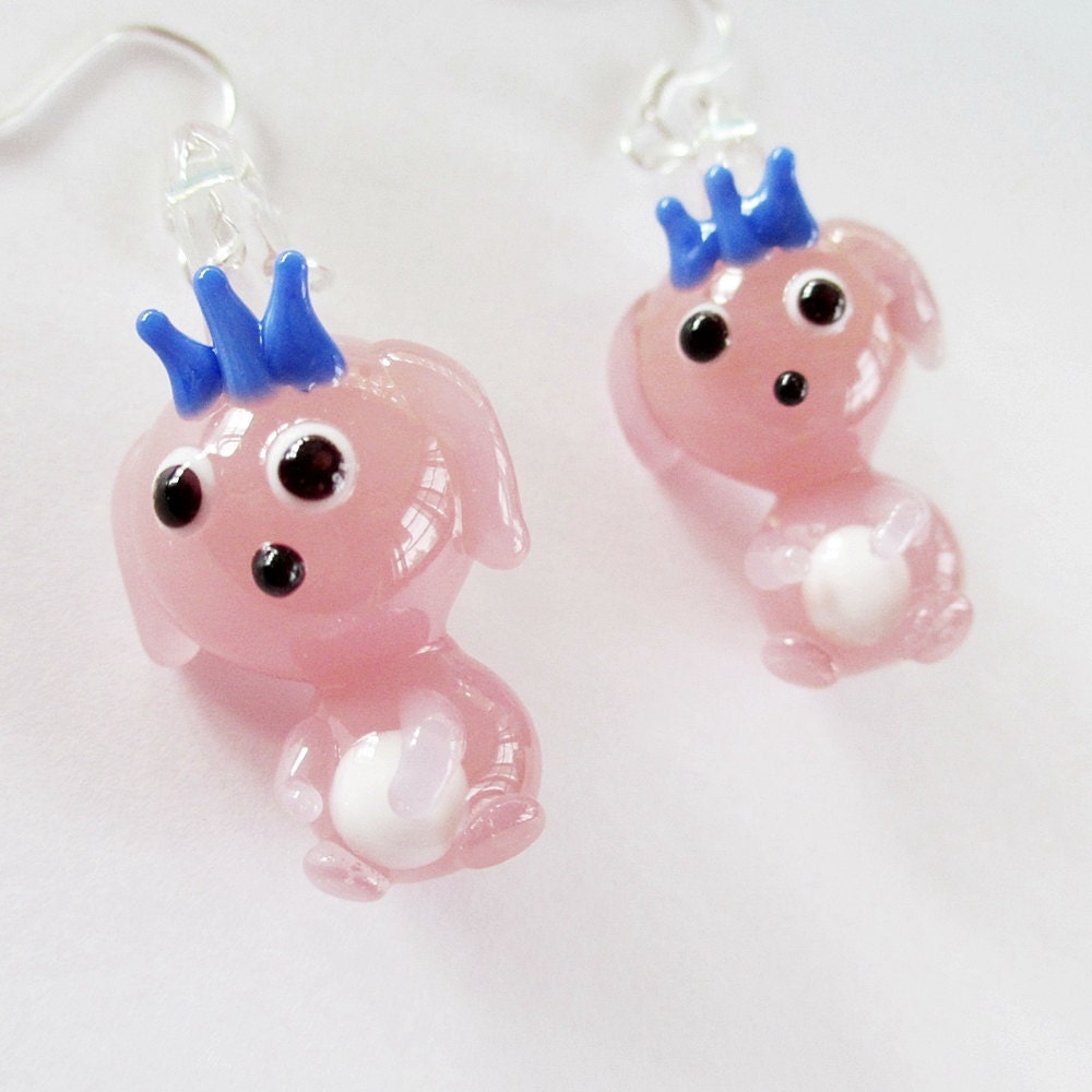 SALE Puppy Dog Earrings Pale Pink and Blue Lampwork