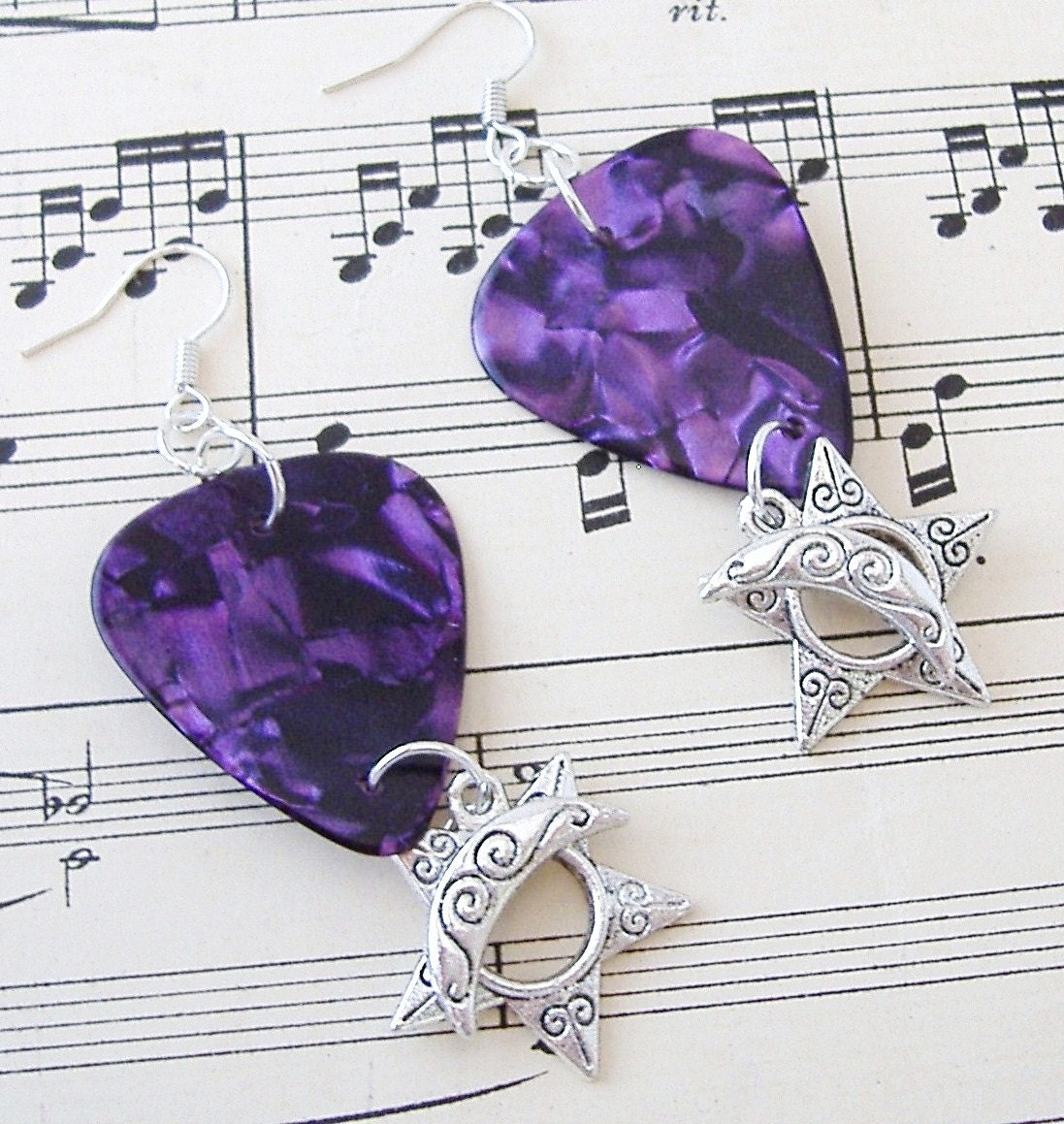 Purple Guitar Pick Earrings with Stars and Moons