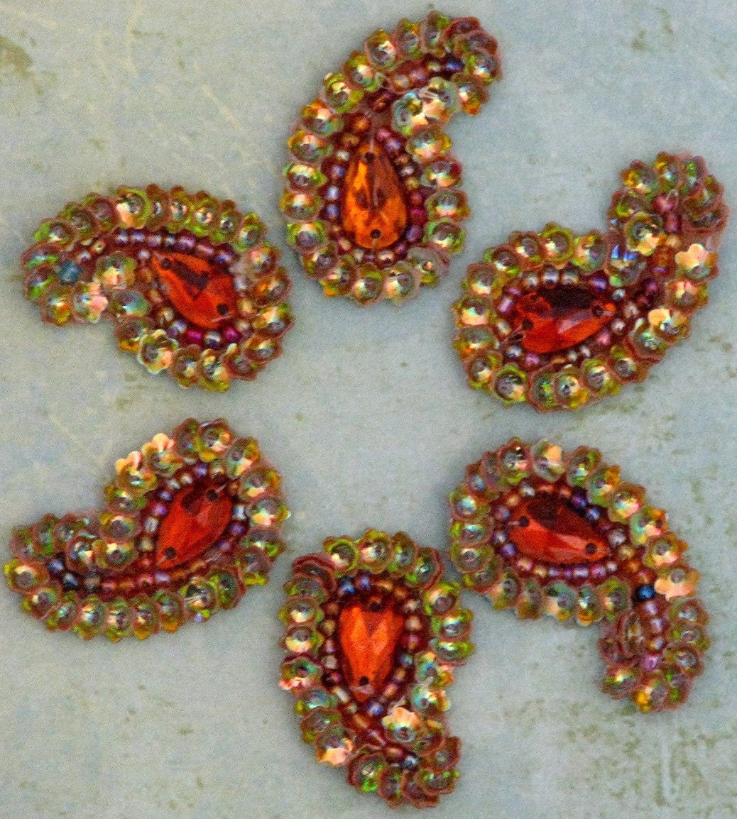 Sew on Beaded applique Orange/Gold Paisley hand by SilkRoute