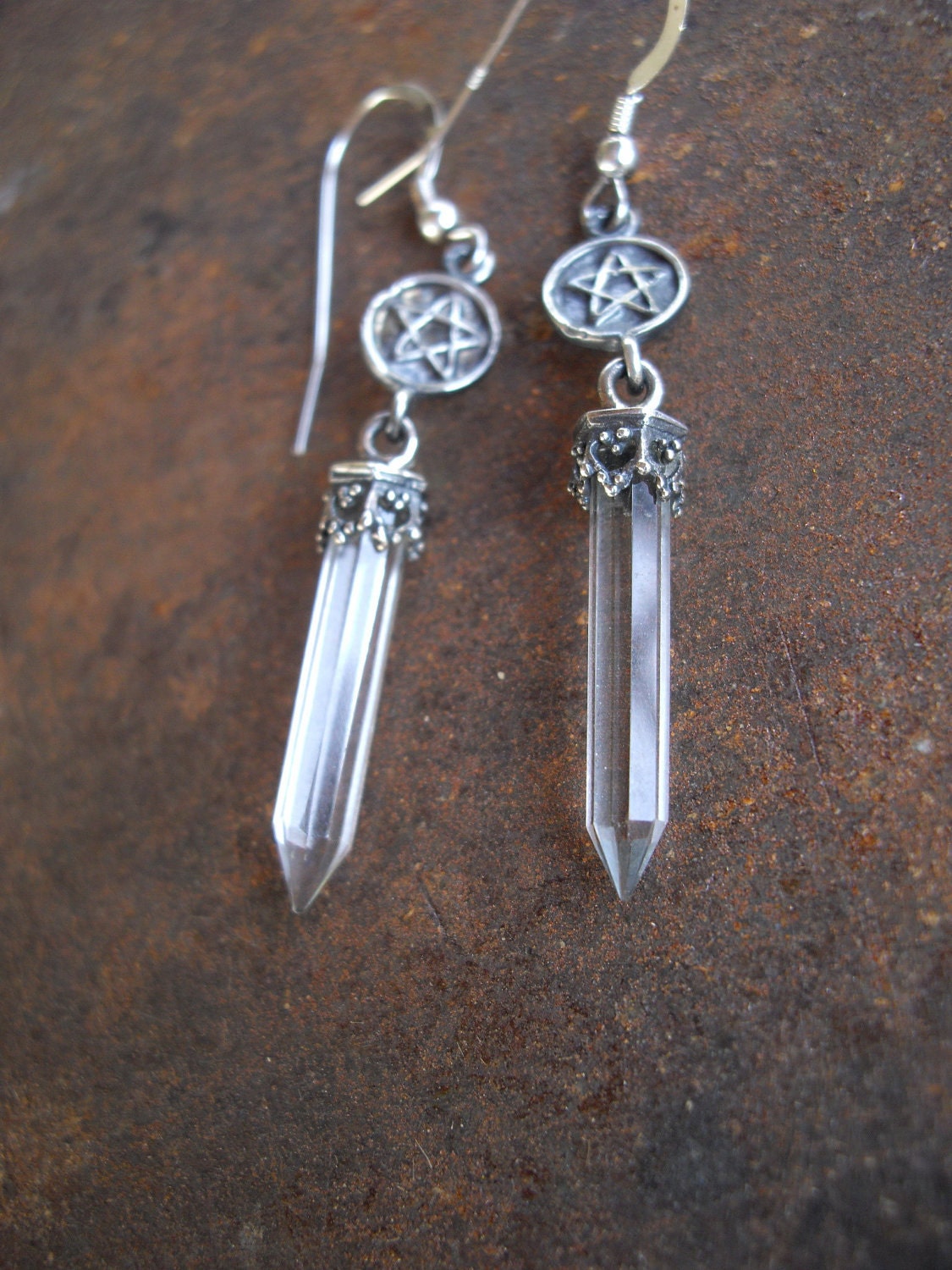 pentacle and crystal quartz point earrings