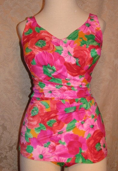 Vintage Pink & Green Floral Bullet Bra Swimsuit by Roxanne Made in USA