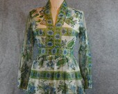 Vintage Hostess Dress Maxi Long Gown Floral Strips Size 10 Green Blue Sheer Avalon Classics