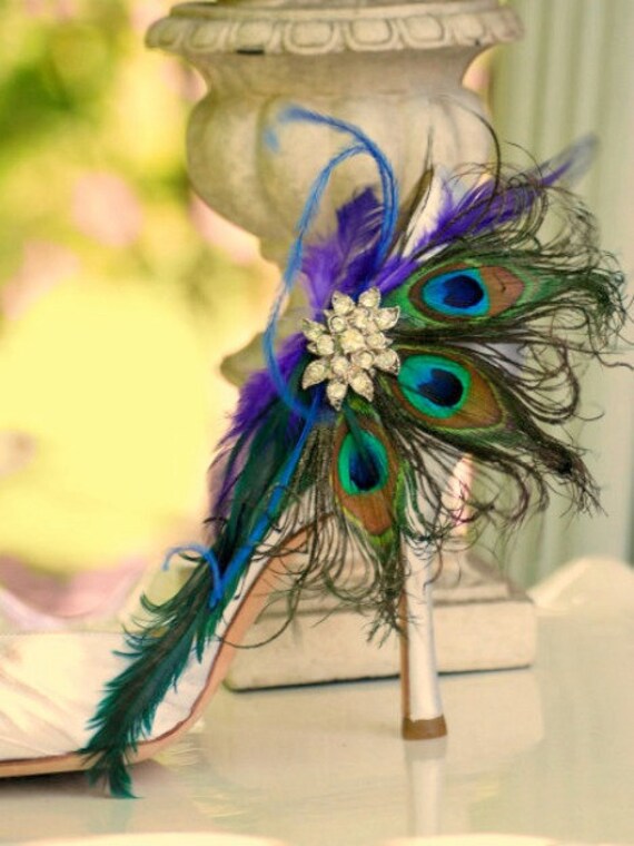 Shoe Clips Peacock Fan. Couture Bride Bridal Bridesmaid Gift, Diva Birthday, Rhinestone Crystals Flower, Statement Bachelorette Hen Party