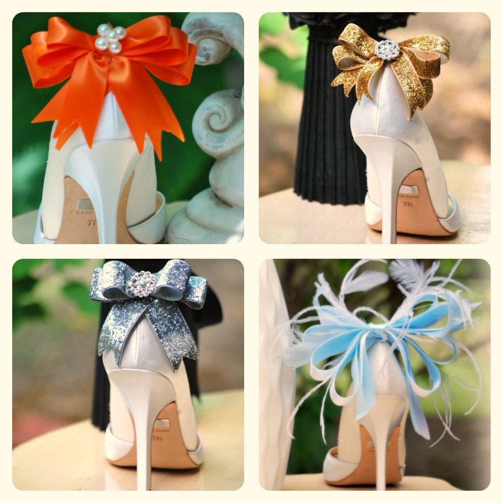 Sparkly Blue / White Bow Shoe Clips. Shiny Rhinestones. Fashionista Night Out Couture, Satin Ribbon More Colors: Sage Pink Red Black