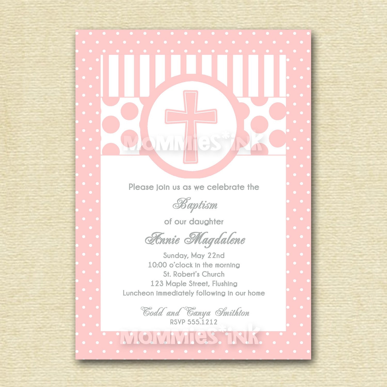 Pink First Communion or Baptism Invitation (Girl) - PRINTABLE INVITATION DESIGN