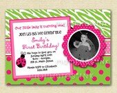 Pink Dotty Damask Ladybug - Custom Photo Birthday Invitation - PRINTABLE INVITATION DESIGN Il_170x135