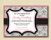 Black and White Roses with Pink Accent Bridal Shower Invitation - PRINTABLE INVITATION DESIGN