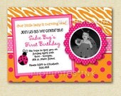 Pink and Orange Dotty Damask Ladybug - Custom Photo Birthday Invitation - PRINTABLE INVITATION DESIGN Il_170x135