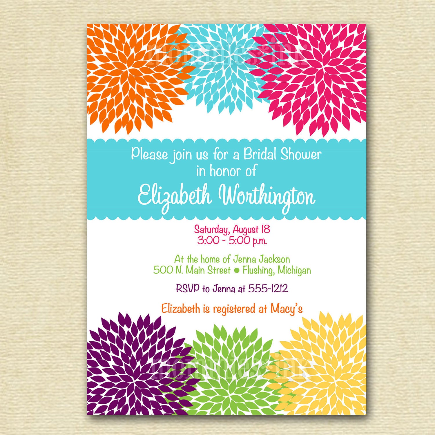 Rainbow Zinnia Blooms Bridal Shower Invitation - PRINTABLE INVITATION DESIGN Il_170x135