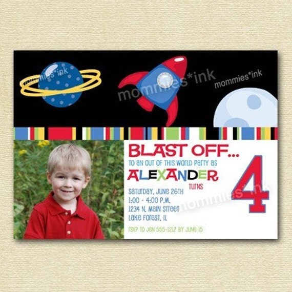 Rocket Ship Blast Off Custom Photo Birthday Party Invitation - PRINTABLE INVITATION DESIGN Il_570xn