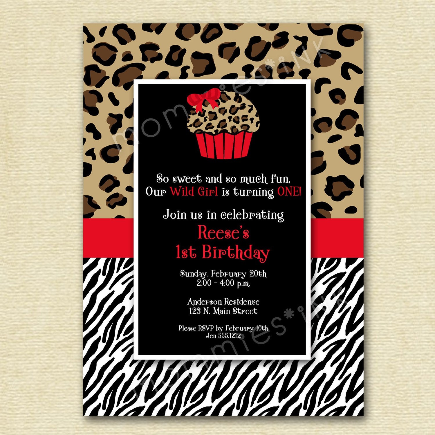 Zebra Print & Leopard Cupcake Invitation - PRINTABLE INVITATION DESIGN Il_570xn