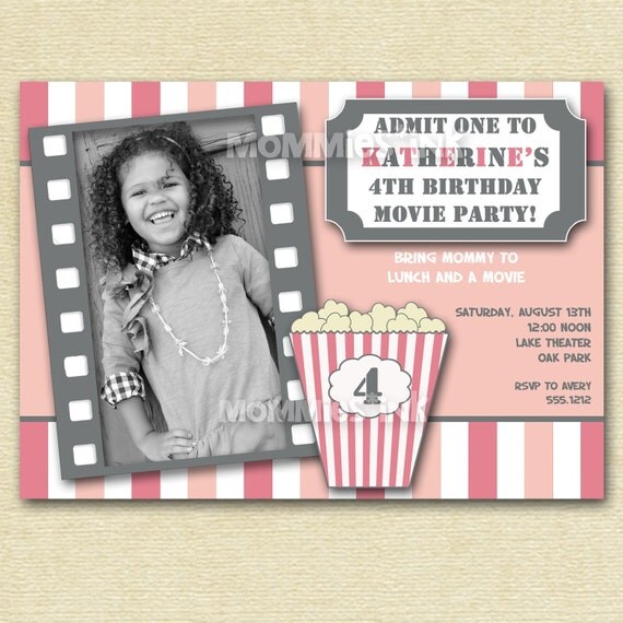 Pink and Girly Movie Night Birthday Photo Party Invitation - PRINTABLE INVITATION DESIGN Il_570xn