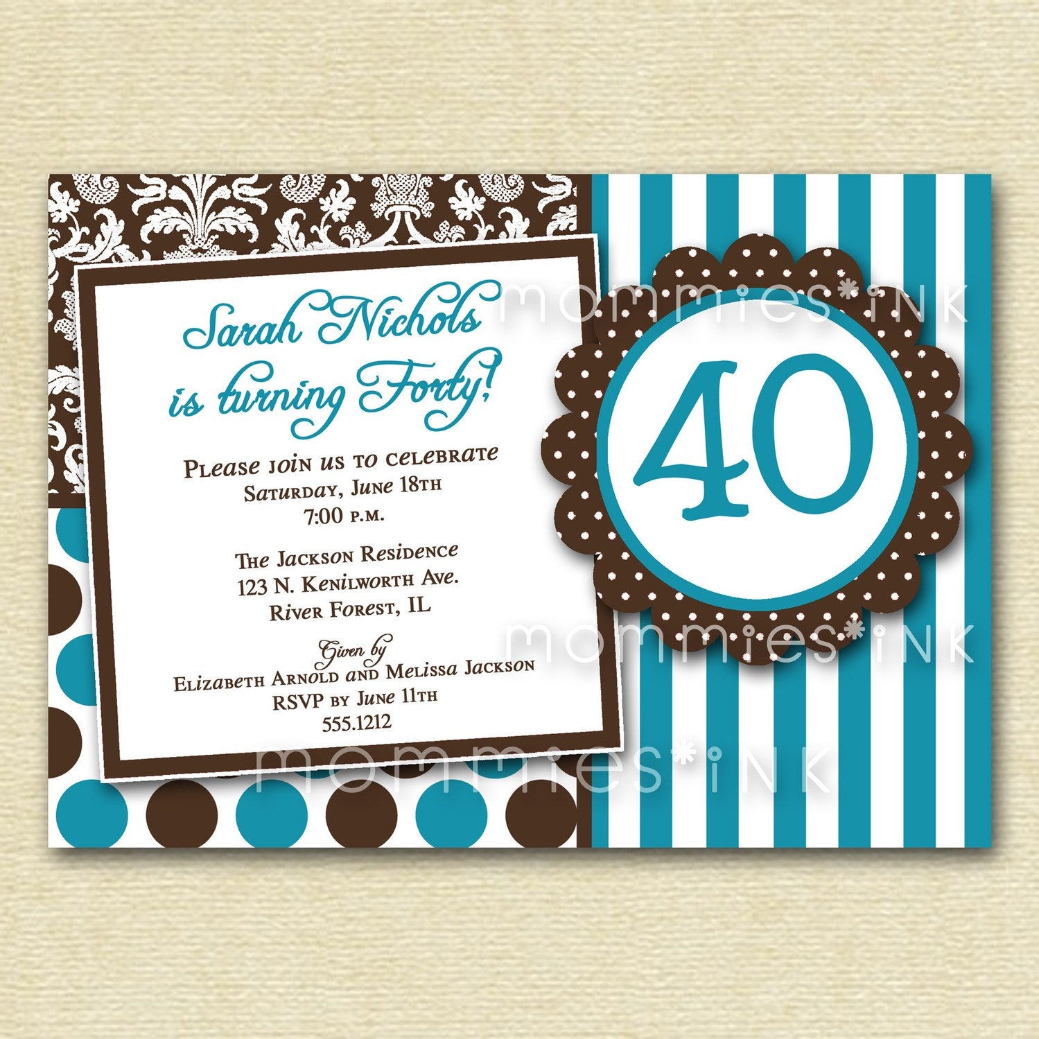 Teal Chocolate 40th Birthday Invitation - PRINTABLE INVITATION DESIGN Il_570xn