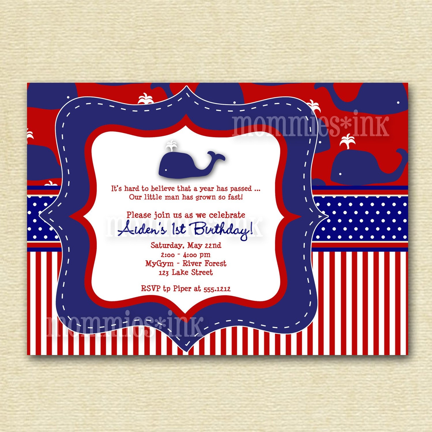 Preppy Whale Birthday Party Invitation - PRINTABLE INVITATION DESIGN Il_570xn