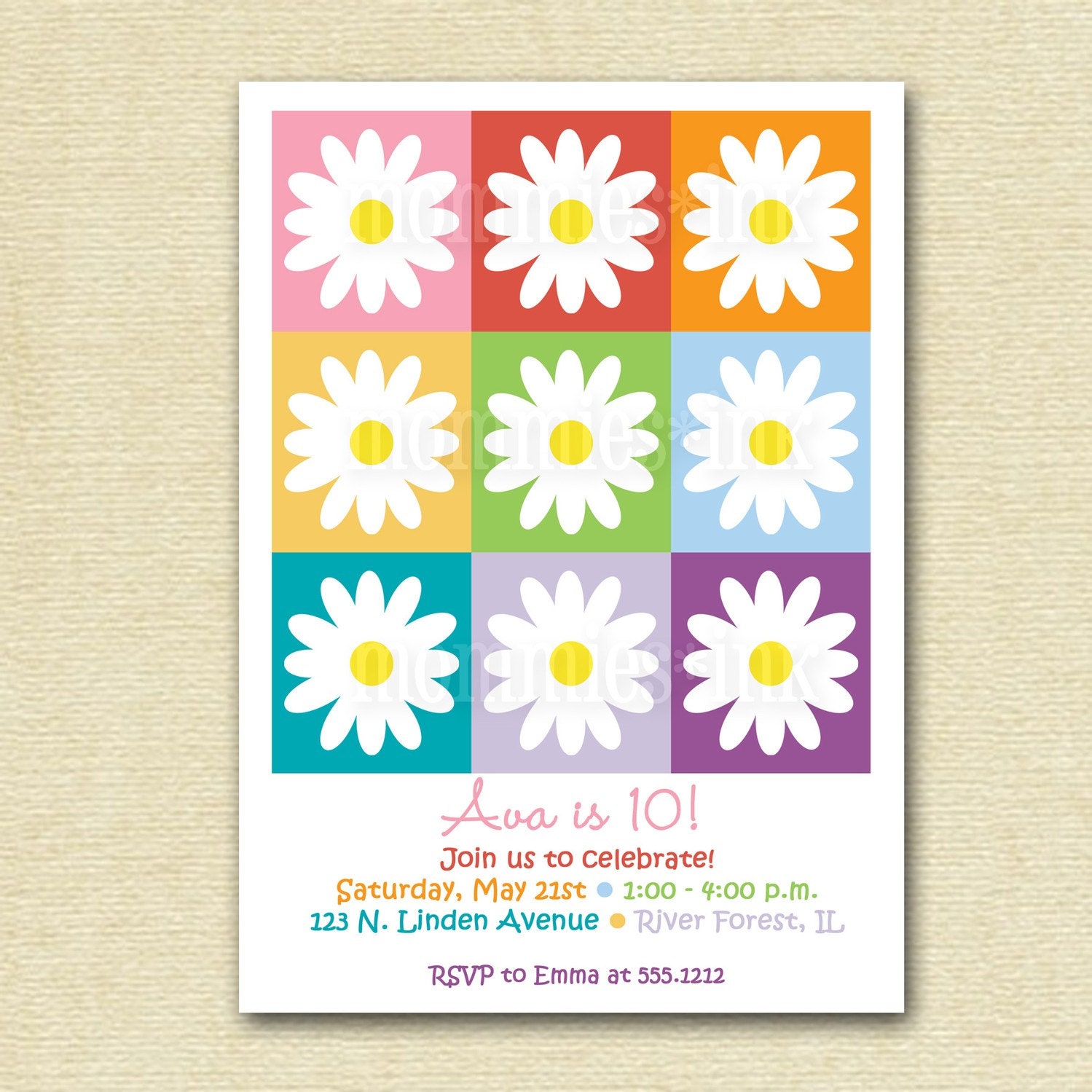 Rainbow Daisy Birthday Party Invitation - PRINTABLE INVITATION DESIGN Il_570xn