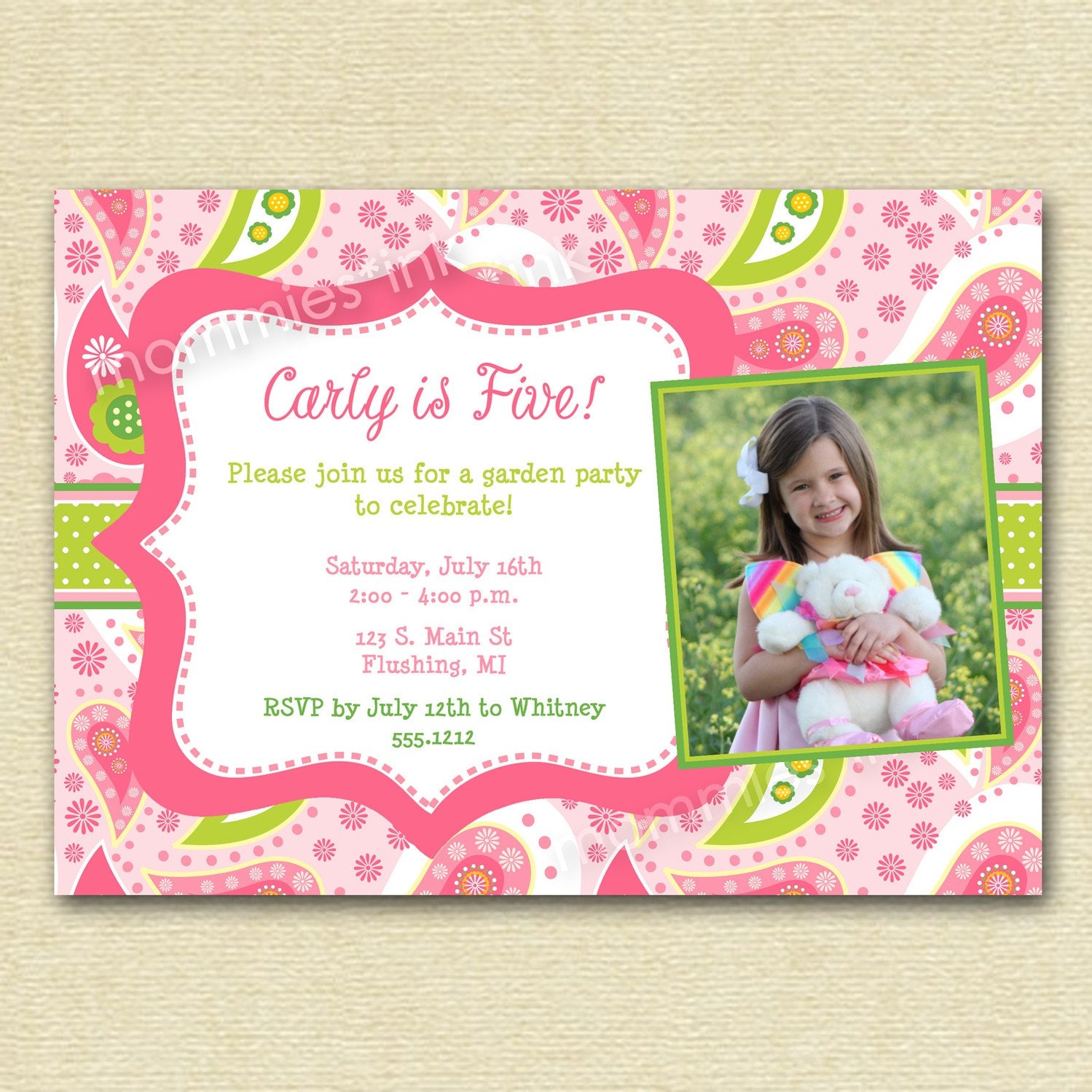 PInk and Green Paisley Photo Birthday Party Invitation - PRINTABLE INVITATION DESIGN Il_570xn