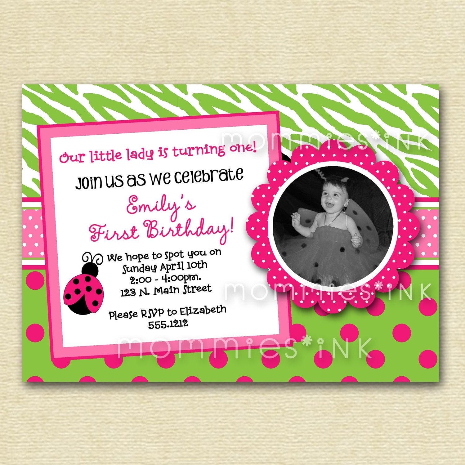 Pink Dotty Damask Ladybug - Custom Photo Birthday Invitation - PRINTABLE INVITATION DESIGN Il_570xn