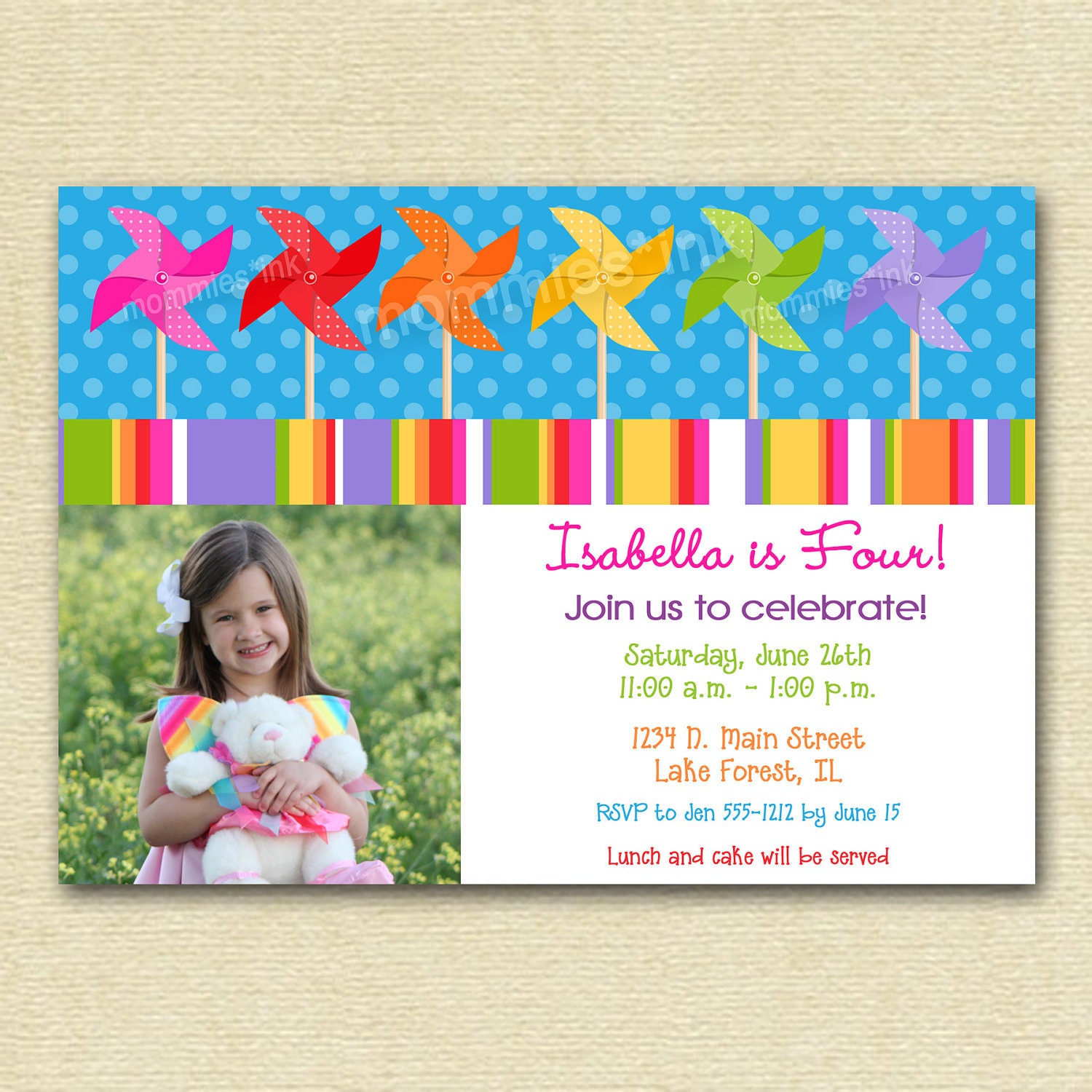 Pinwheel Dots and Stripes Photo Birthday Invite - PRINTABLE INVITATION DESIGN Il_570xn