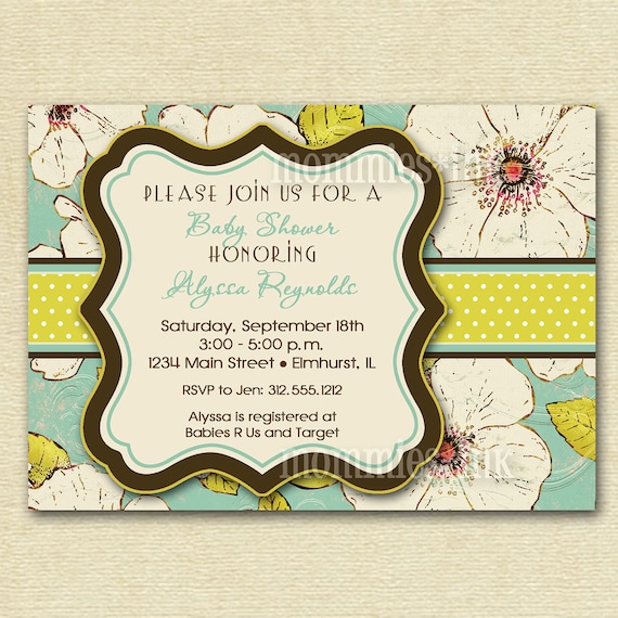 Vintage Blooms - Aqua - Baby Shower Invitation - PRINTABLE INVITATION DESIGN Il_570xn