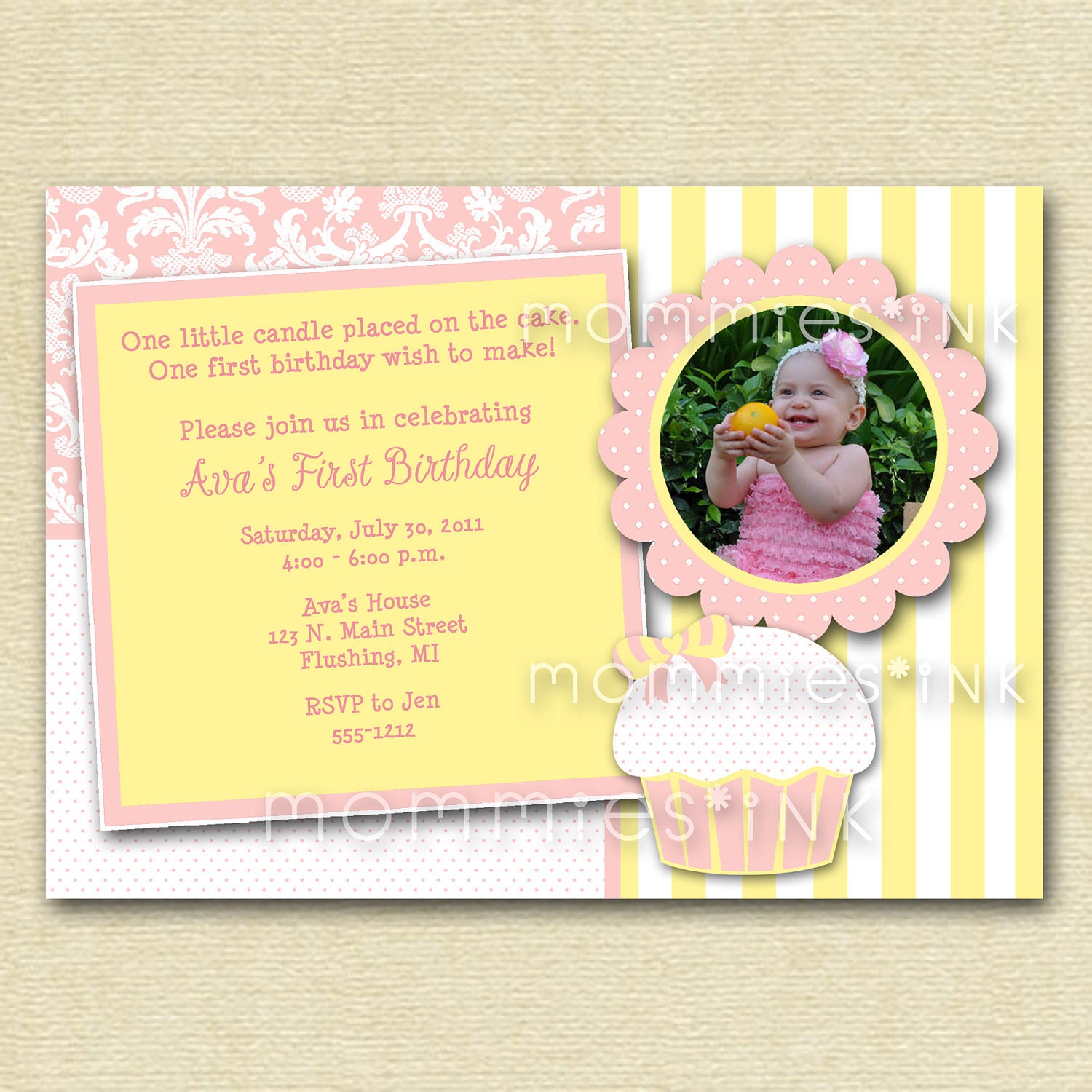 Pastel Pink Lemonade Cupcake Custom Photo Birthday Invitation - PRINTABLE INVITATION DESIGN Il_570xn