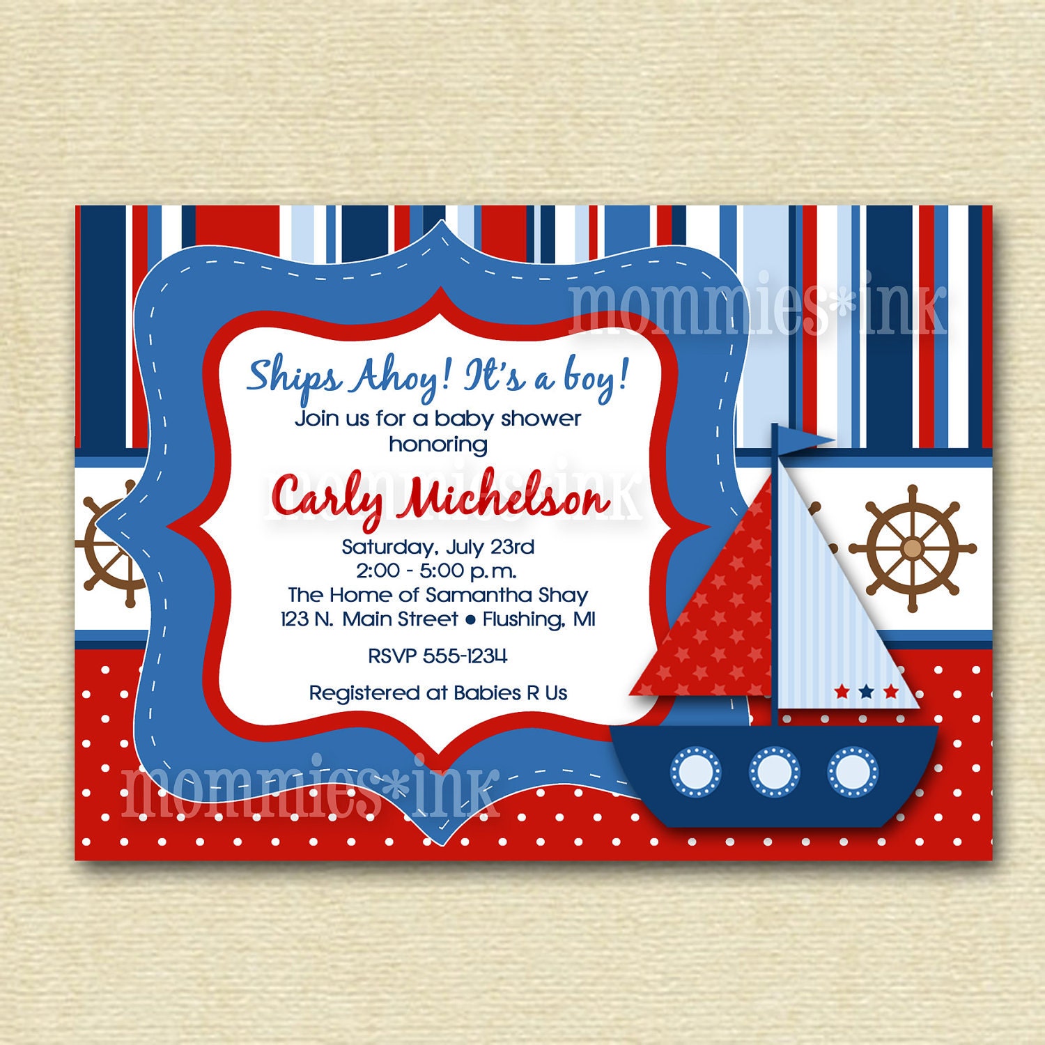 Mod Bright Sailboat Baby Shower or Birthday Party Invitation - Digital File - PRINTABLE INVITATION DESIGN Il_570xn