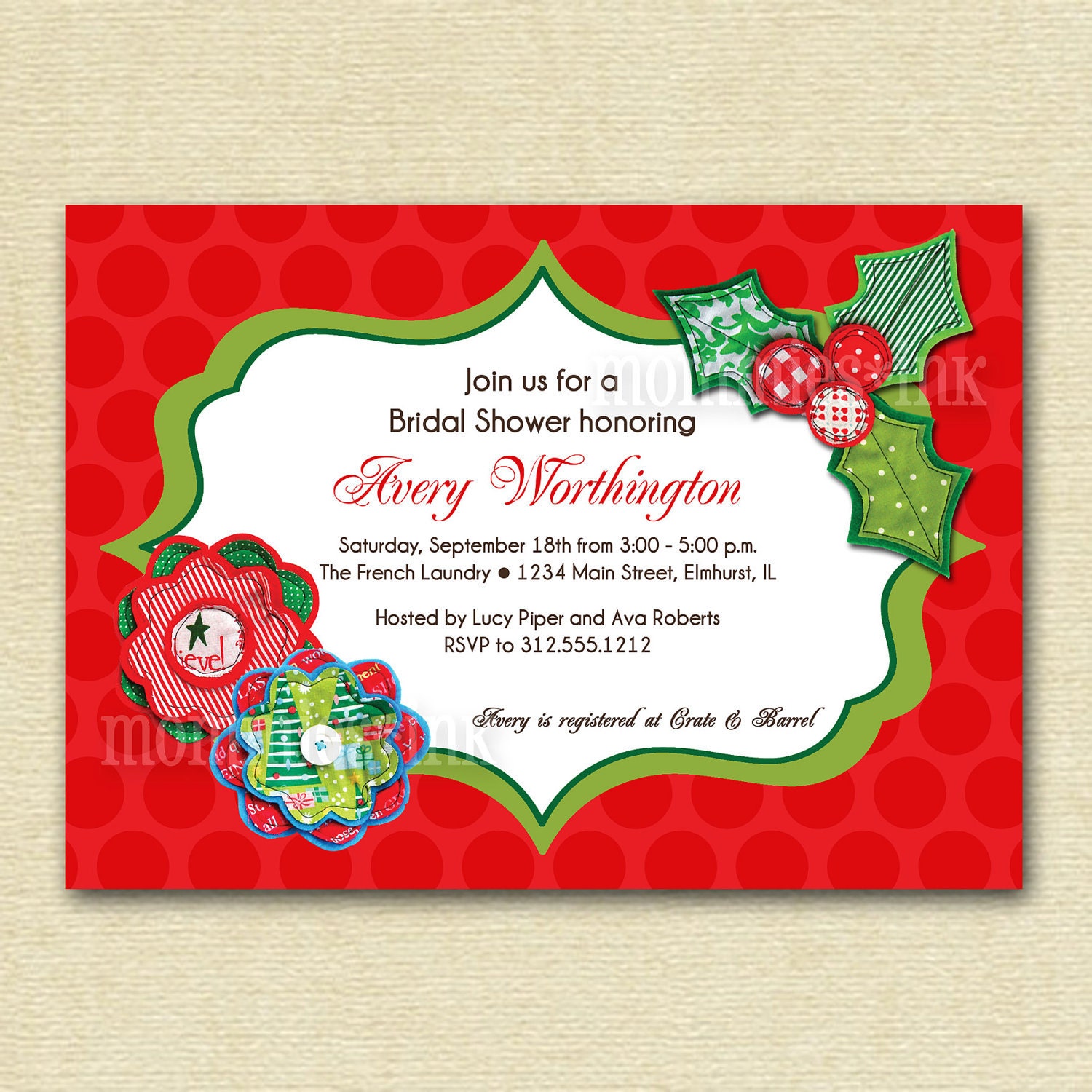Christmas Holiday Fabric Blooms and Holly Bridal or Baby Shower Invitation - PRINTABLE INVITATION DESIGN Il_570xn