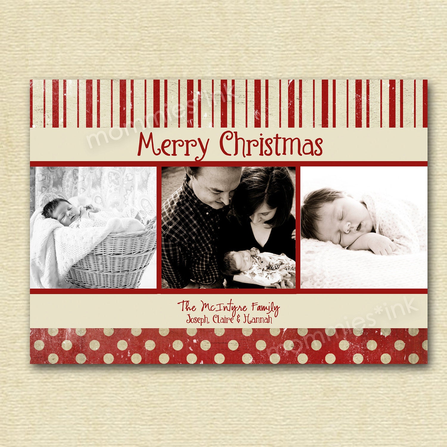 Mod Shabby Candy Cane Stripe and Polka Dots Photo Christmas Card - PRINTABLE CARD DESIGN Il_570xn