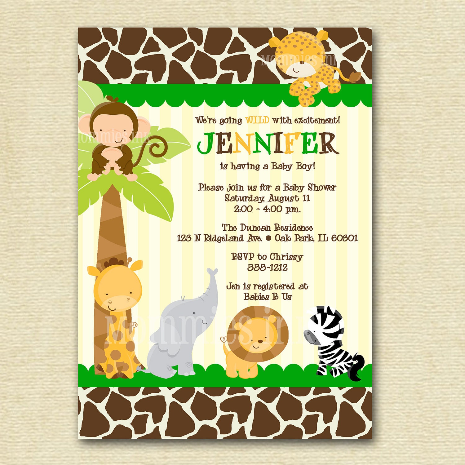 Modern Jungle Safari Giraffe Print Baby Shower Invitation - PRINTABLE ...