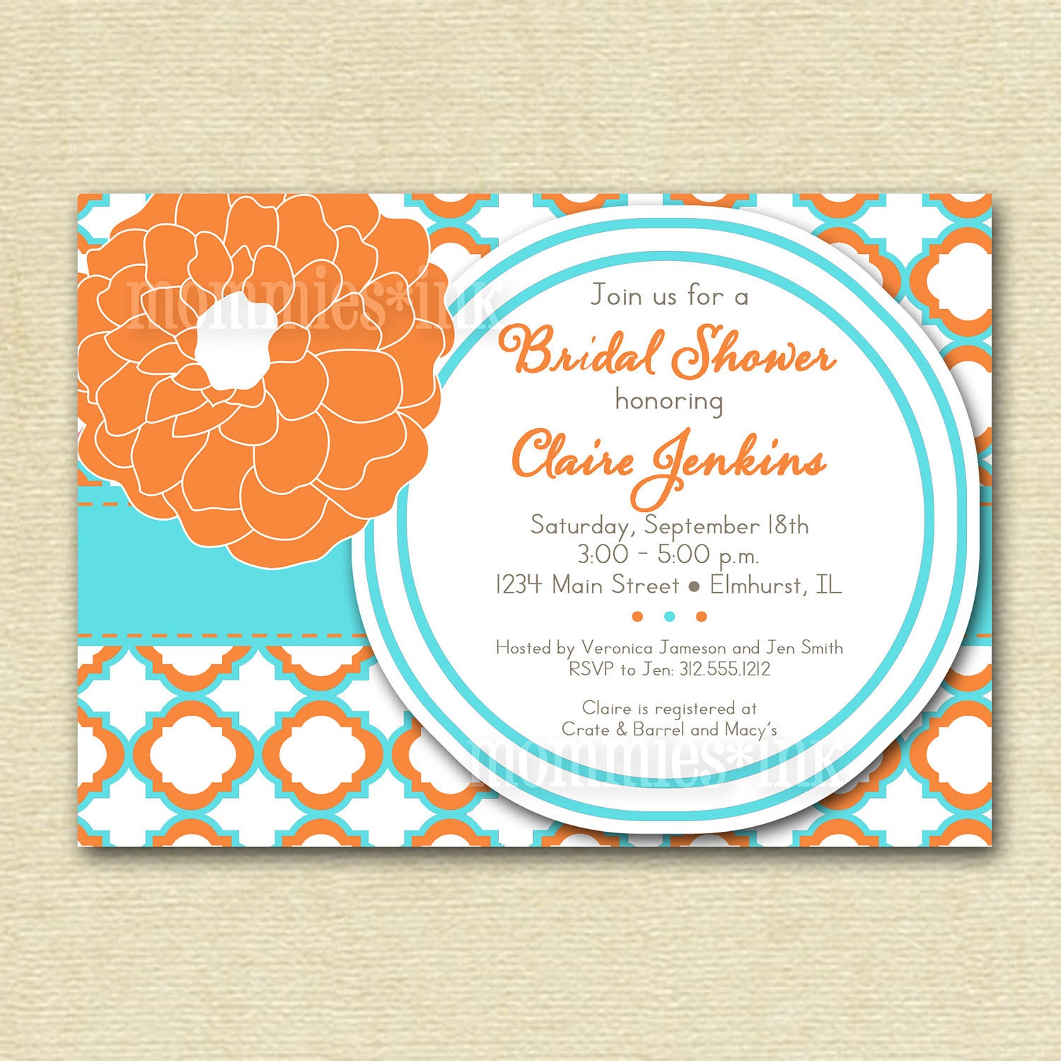 Mod Quatrefoil with Flower Accent Bridal Shower Invite - PRINTABLE INVITATION DESIGN Il_570xn