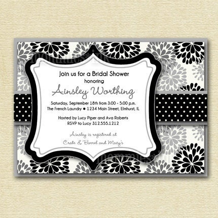 Dahlia Blooms Bridal Shower Invitation - Black Gray and White - PRINTABLE INVITATION DESIGN Il_570xn