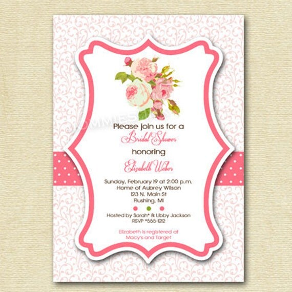 Shabby Chic Pink Roses and Swirls Bridal Shower Invite - PRINTABLE INVITATION DESIGN Il_570xn