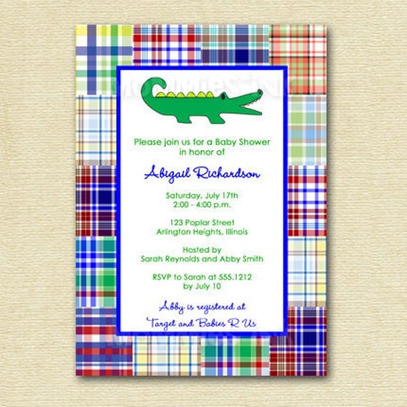 Preppy Madras Alligator Baby Shower Invitation - PRINTABLE INVITATION DESIGN Il_570xn