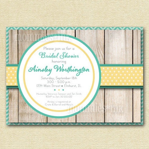 Wood Fence and Shabby Chic Teal Chevron and Yellow Polka Dots Bridal Shower Invite - PRINTABLE INVITATION DESIGN Il_570xn