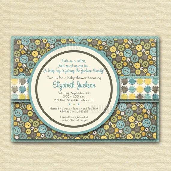Shabby Chic Cute as a Button Baby Shower Invite - Boy Version - Brown and Aqua - PRINTABLE INVITATION DESIGN Il_570xn