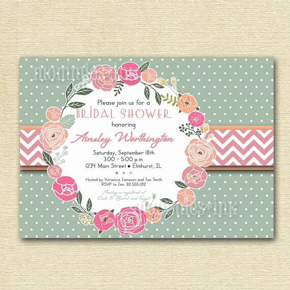 Vintage Flower Wreath and Polka Dots Bridal Shower Invite - Chevron - PRINTABLE INVITATION DESIGN Il_570xn
