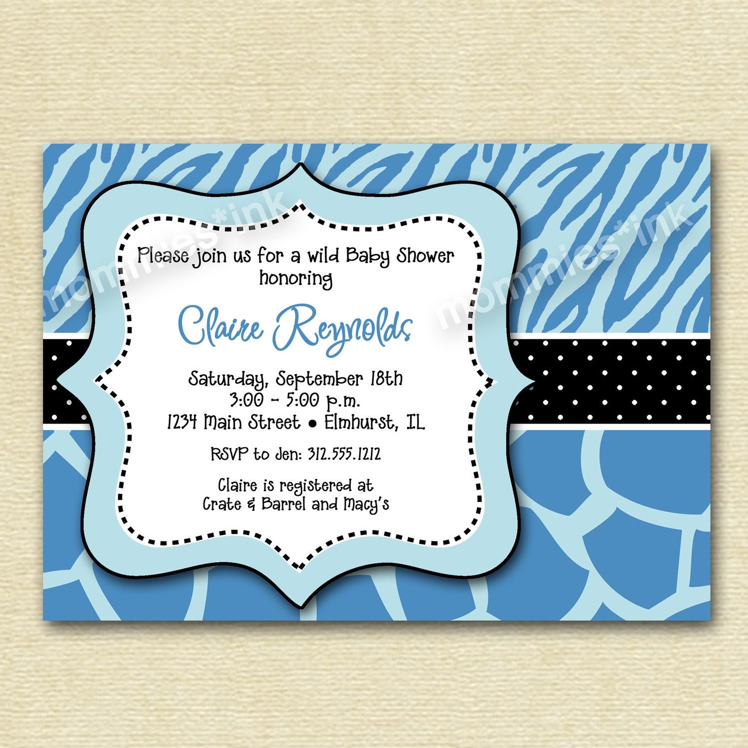 Wild Baby Shower Invitation- Blue Zebra and Giraffe Print - Boy Version - PRINTABLE INVITATION DESIGN