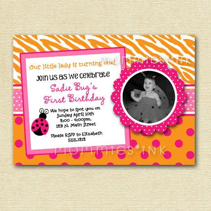 Pink and Orange Dotty Damask Ladybug - Custom Photo Birthday Invitation - PRINTABLE INVITATION DESIGN