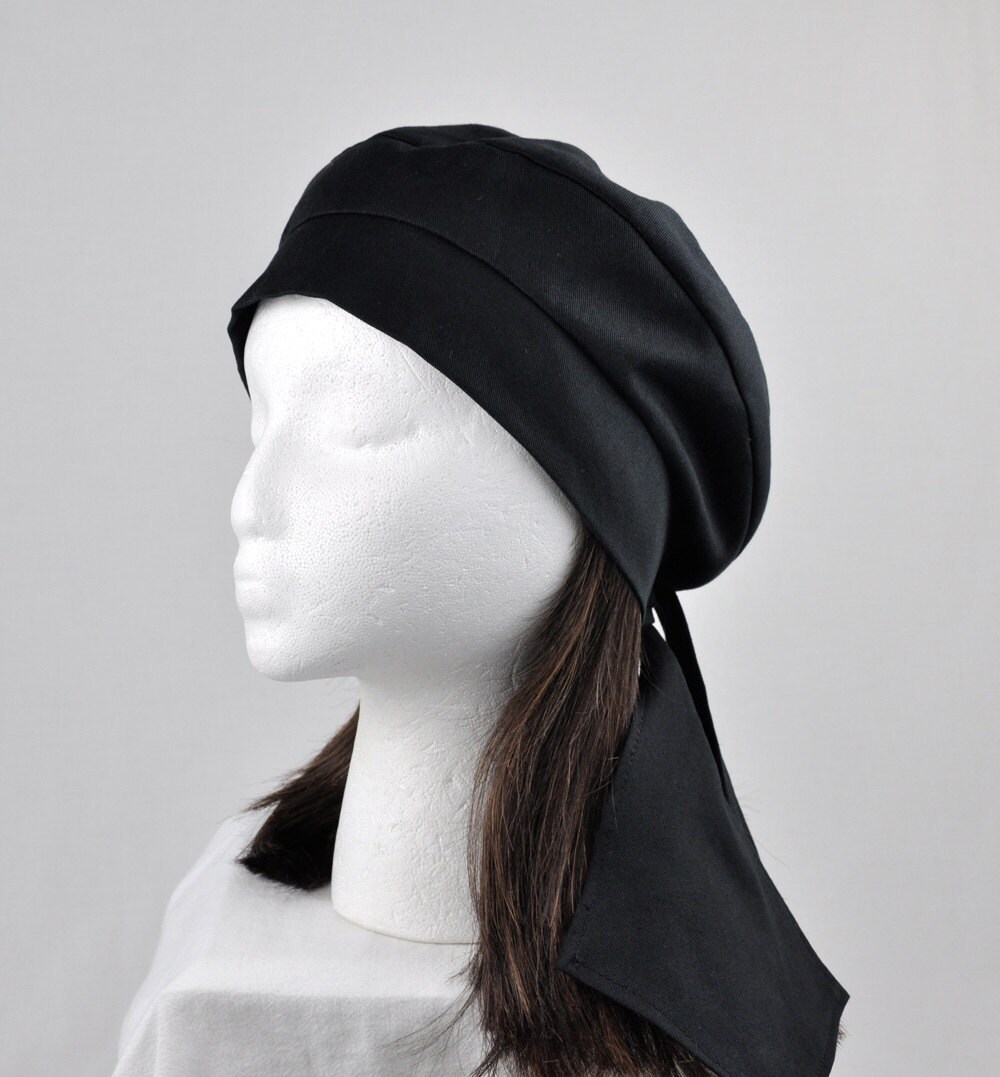Headwrap Beret Tam - Cancer Hat Chemo Cap for Hair Loss and Alopecia- Black Cotton Twill