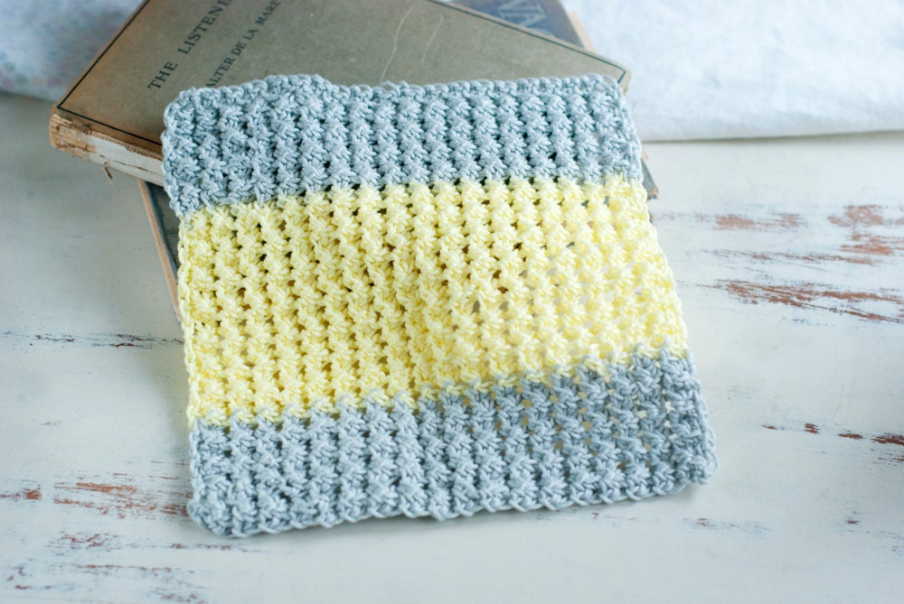 Crochet wash cloth, cotton dish rag, gray n yellow dish cloth