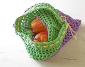 Crochet drawstring bag, mesh produce bag, purple, green