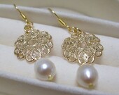 Bridal Earrings, Bridesmaids earrings, Pearl Earrings, Gold Filigree Freshwater Pearl drop earrings No2, Mother's day gift, Wedding
