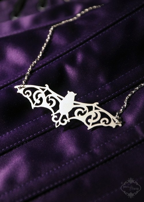 Filigree Victorian Bat necklace in silver stainless steel - vampire bat wings silhouette jewelry