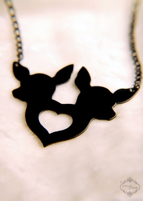 Twin deer head and heart silhouette necklace in black stainless steel - woodland creature friendship necklace