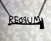 REDRUM text necklace with axe inspired by The Shining in black stainless steel
