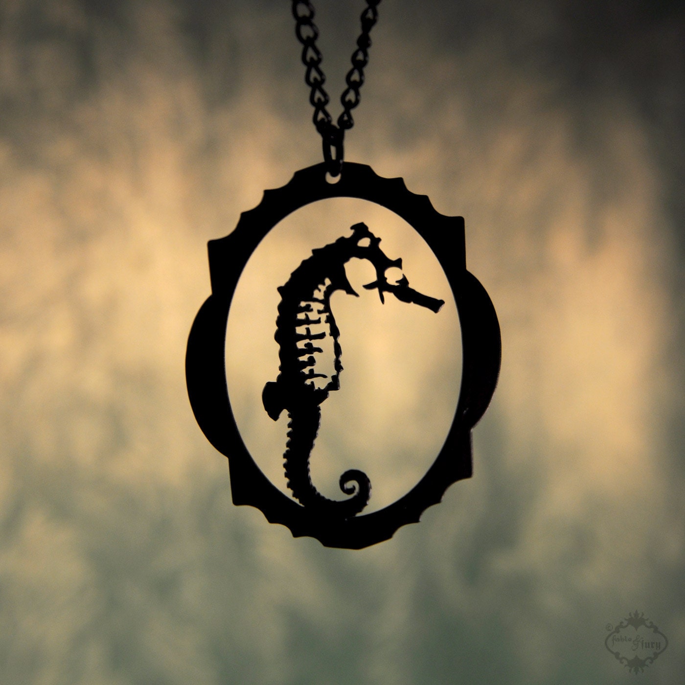 Seahorse necklace in black stainless steel - nautical fashion seahorse silhouette steampunk jewelry