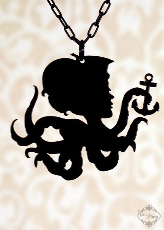 Octopus Girl necklace in black stainless steel - large nautical silhouette octopus tentacle jewelry