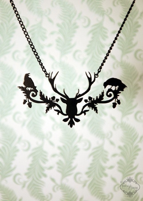 Neo Victorian Woodland Raven Stag necklace in black stainless steel - FREE SHIPPING